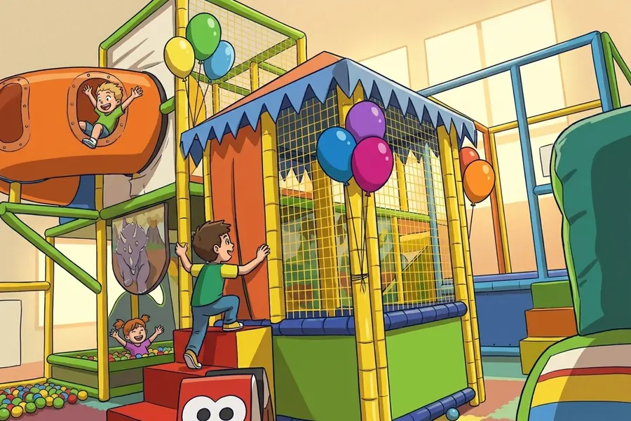 Area con gazebo e giochi morbidi allestita per una festa di compleanno