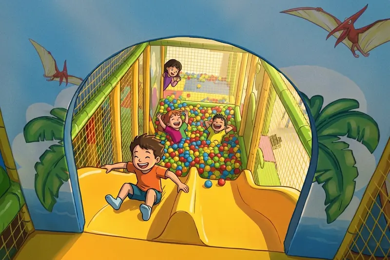 Piscina di palline con murale a tema preistorico